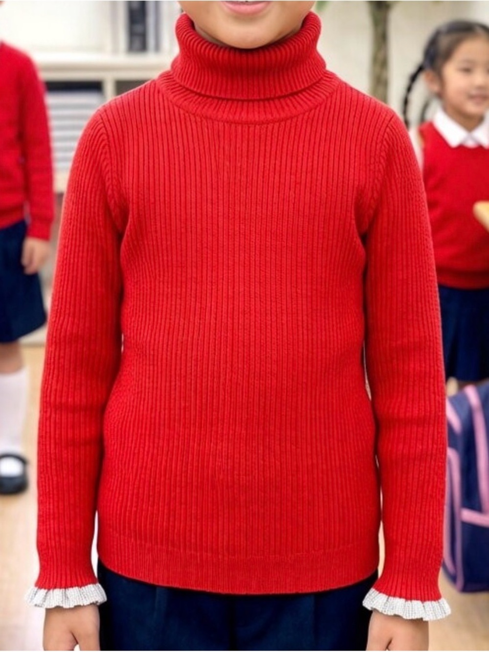 Girls Red Ribbed Turtleneck Sweater